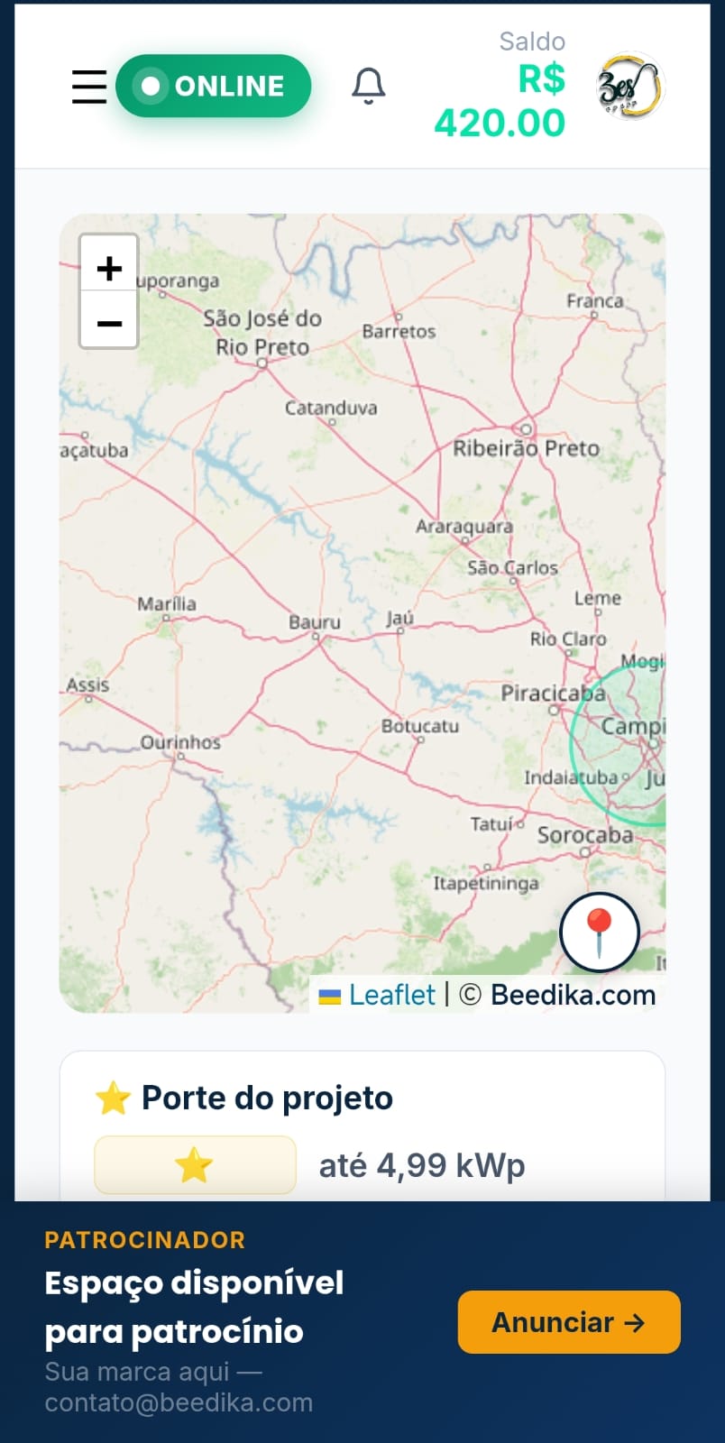 App parceiro Beedika no Android — tela inicial com saldo e status online