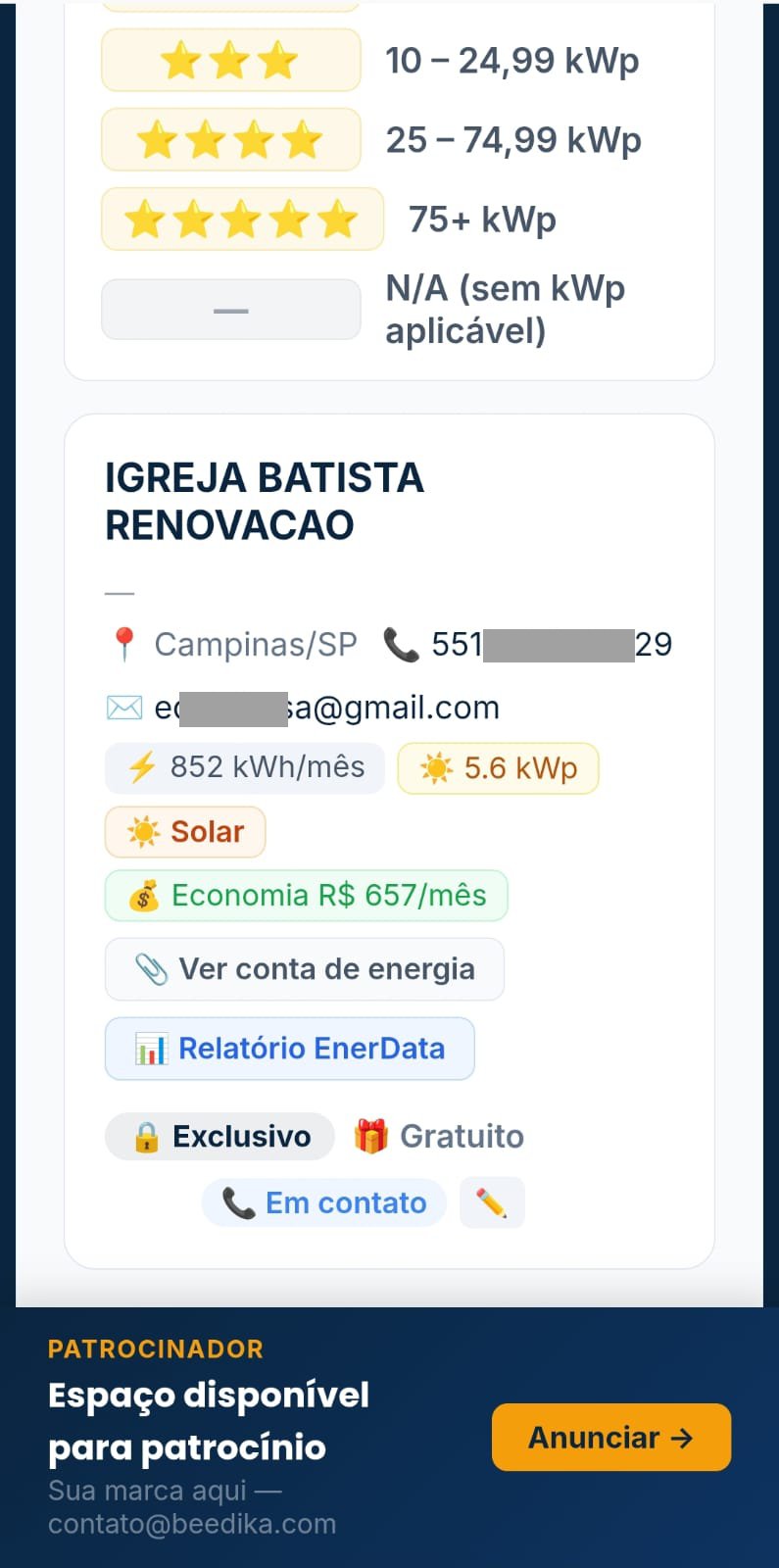 Detalhe do lead no app Android — Igreja Batista Renovação com 852 kWh/mês e 5.6 kWp