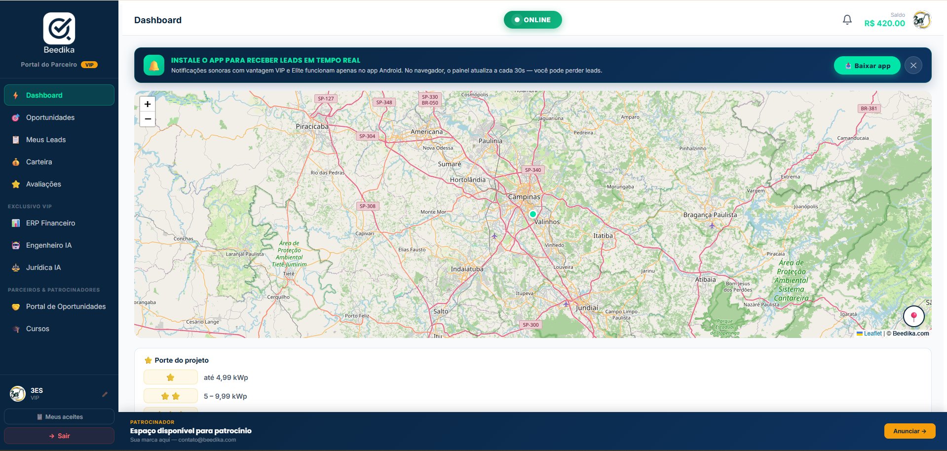 Painel parceiro Beedika — Dashboard com mapa de leads e saldo da carteira